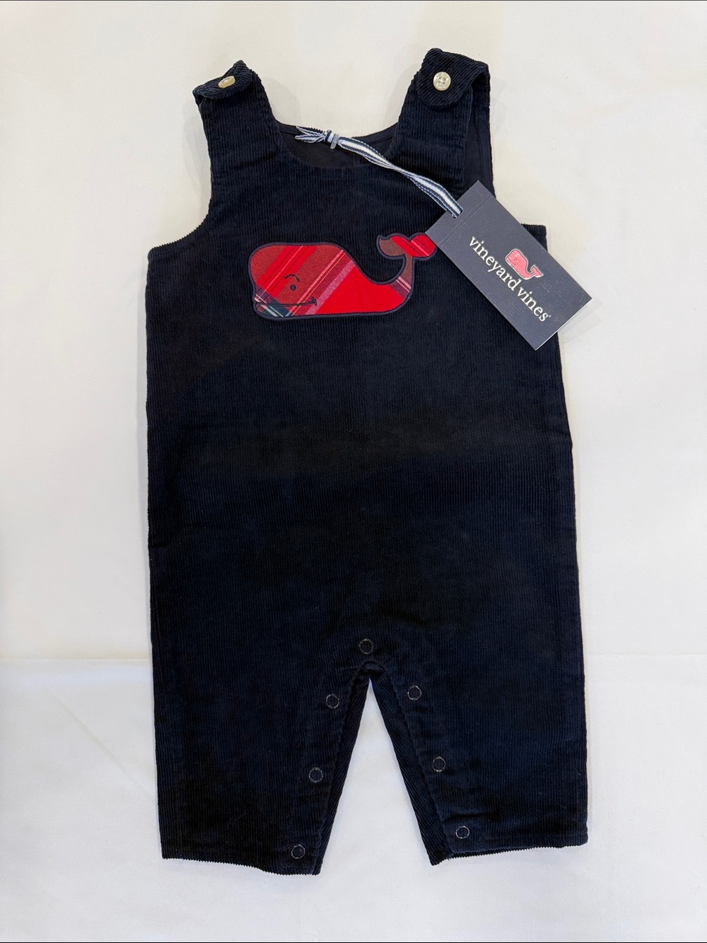 Vineyard Vines Black Corduroy Overalls with Red Whale Patch